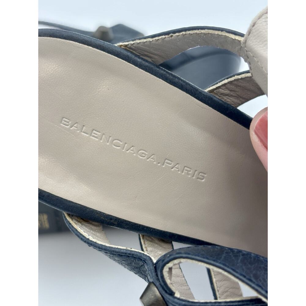 Balenciaga Wedge Sandals Navy Blue Leather Studded Size 39 / 9 Ankle Strap - Picture 13 of 15